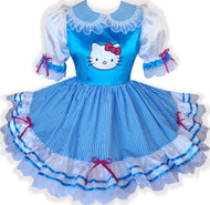 Custom Fit Aqua Hello Kitty Aqua Satin Gingham Adult Little Girl Sissy Dress by Leanne's