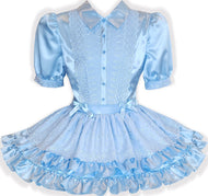 Rosalee Custom Fit Blue Satin & Eyelet Buttons Adult Sissy Dress by Leanne's