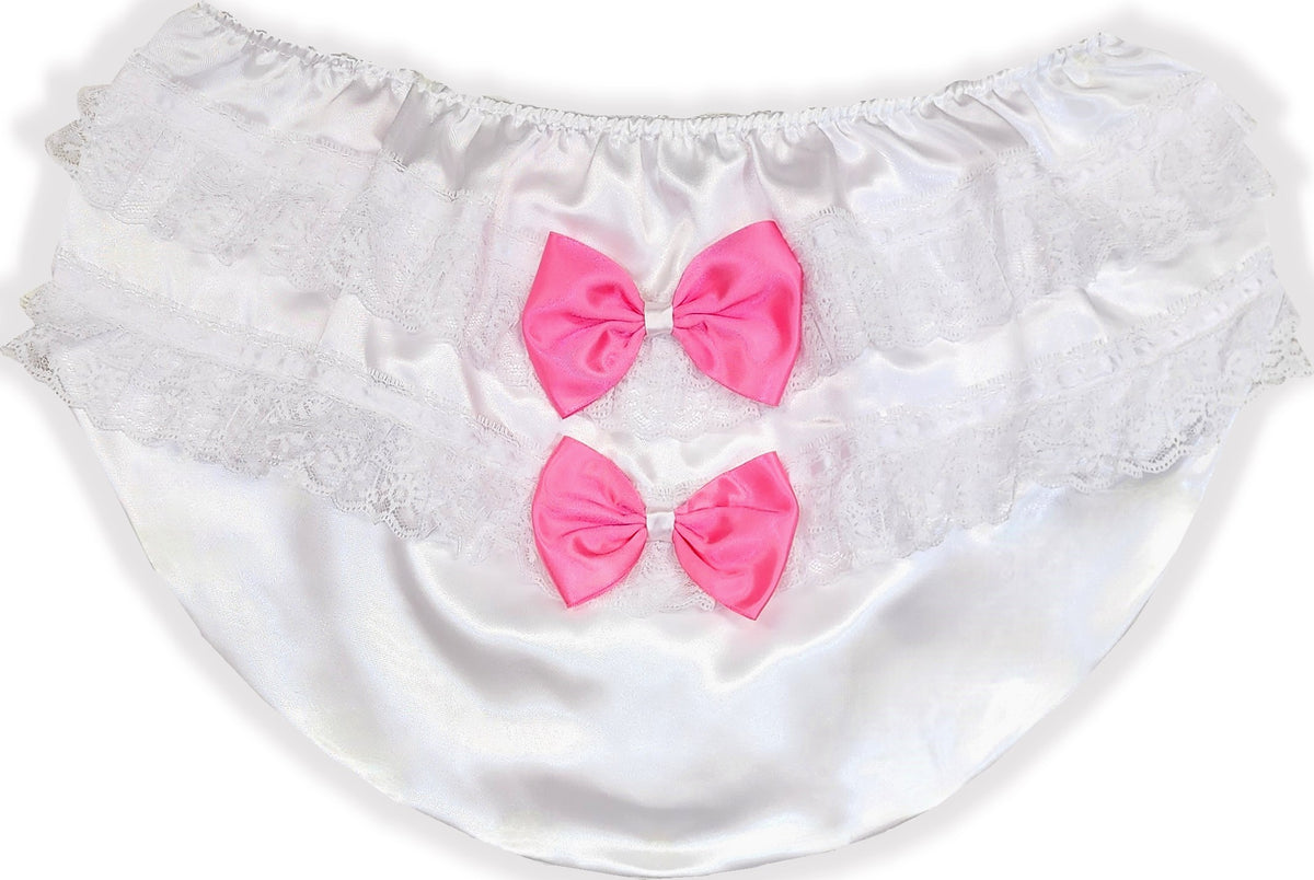 2XL White Satin Pink Bows Adult Sissy Baby Rhumba Panties Diaper Cover