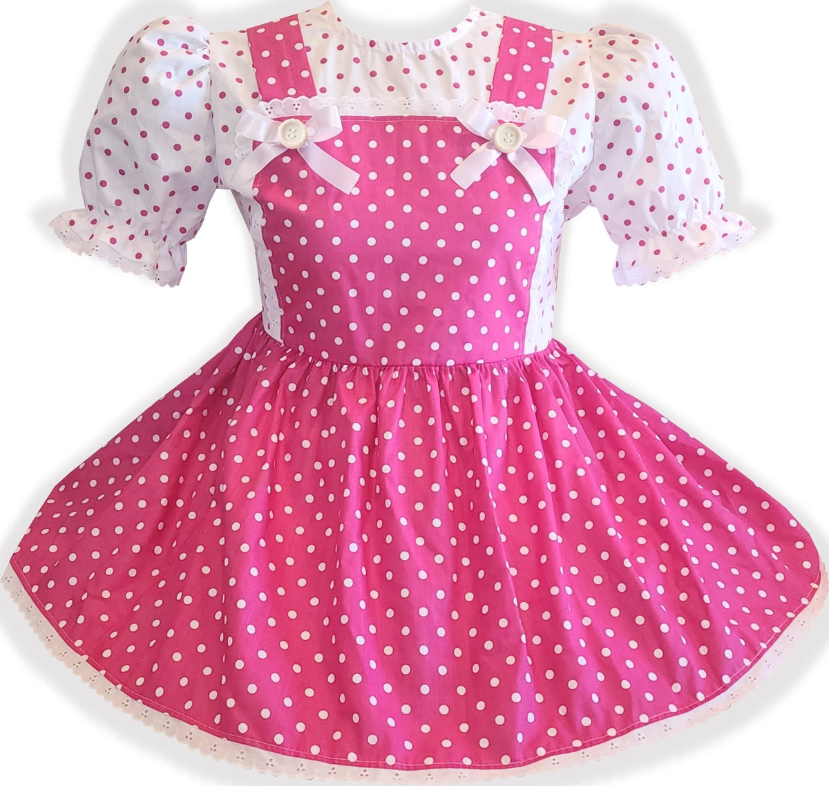 Margie Custom Fit Hot Pink White Cotton Polka Dots Adult Sissy Dress b – Leanne's Pretty Dresses