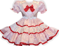 Valene Custom Fit Red Ribbon Pink Satin Polka Dots Adult Sissy Dress by Leanne's