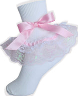 White Ruffle Socks Pink Iridescent Lace Bows for ABDL Adult Sissy Little Girl Leanne's