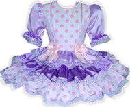 Piper Custom Fit Purple Lavender Satin Pink Polka Dots Adult Sissy Dress by Leanne's