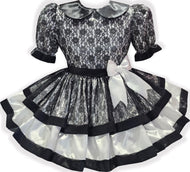 Brielle Custom Fit White Satin Black Lace Adult Sissy LG Dress by Leanne's