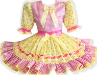 51" Ready to Wear Yellow Pink Gingham Floral Sash Adult Sissy Dress by Leanne's