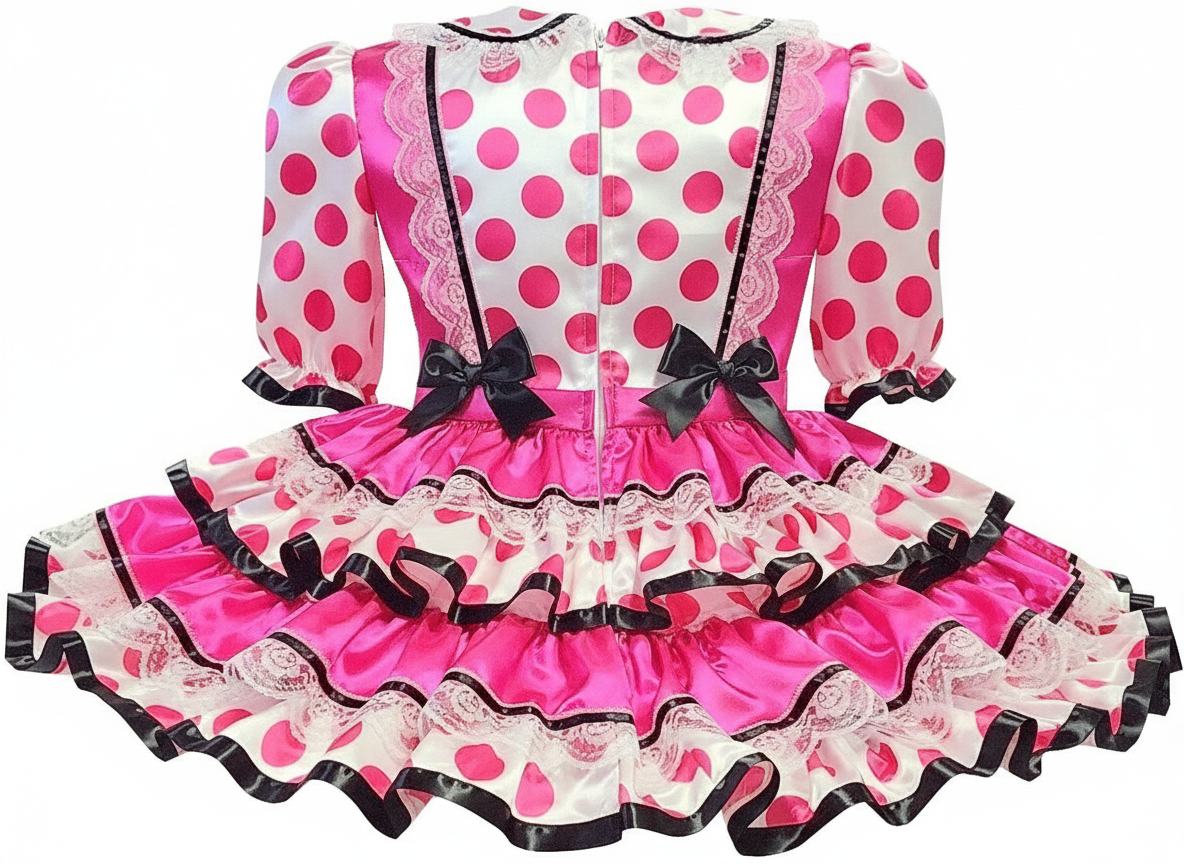 Hello Kitty Custom Fit Hot Pink Satin Polka Dots Ruffles Adult Sissy D –  Leanne's Pretty Dresses