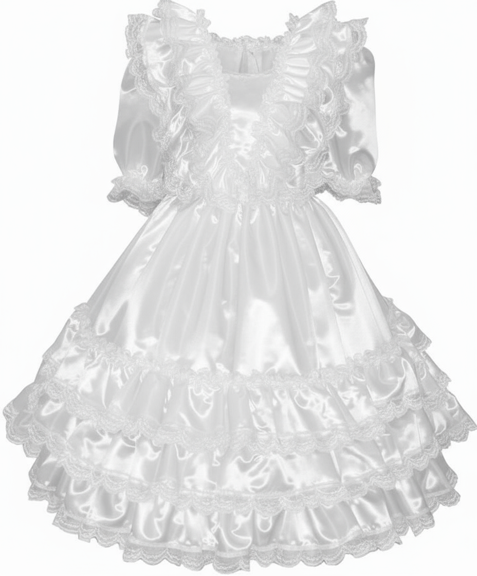 Sabrina Custom Fit Black Satin Ruffles Gown Adult Little Girl Sissy Dr –  Leanne's Pretty Dresses