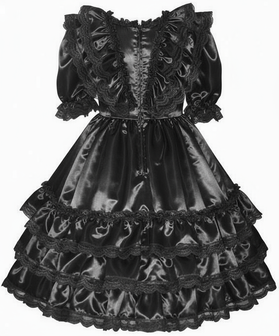 Sabrina Custom Fit Black Satin Ruffles Gown Adult Little Girl Sissy Dr Leanne's Pretty Dresses Sabrina Custom Fit Black Satin Ruffles Gown Adult Little Girl Sissy Dr Leanne's Pretty Dresses
