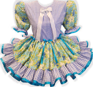 50.5" Ready to Wear Blue Gingham Lime Green Flowers Adult Sissy Dress by Leanne's