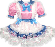 Adult sissy dress in pink, white, and blue with satin finish, lace, and ribbon bows. Includes a Peter Pan collar and an apron.