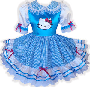 Custom Fit Aqua Hello Kitty Aqua Satin Gingham Adult Little Girl Sissy Dress by Leanne's