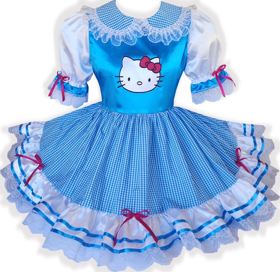 Custom Fit Aqua Hello Kitty Aqua Satin Gingham Adult Little Girl Sissy Dress by Leanne's
