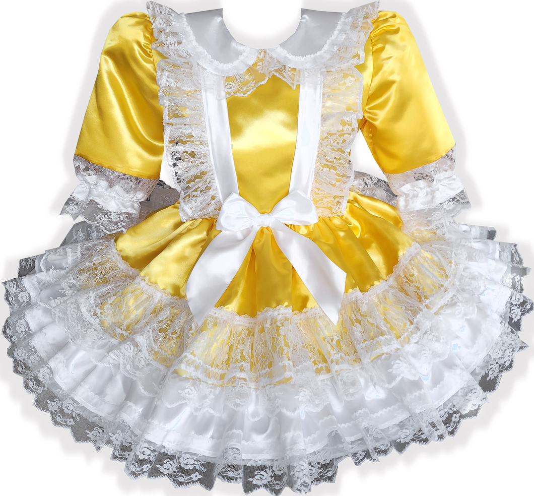 Shyanne Custom Fit Yellow White Satin Lace Adult Sissy Dress by Leanne's