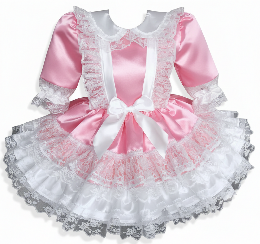 Shyanne Custom Fit Pink White Satin Lace Adult Sissy Dress by Leanne's