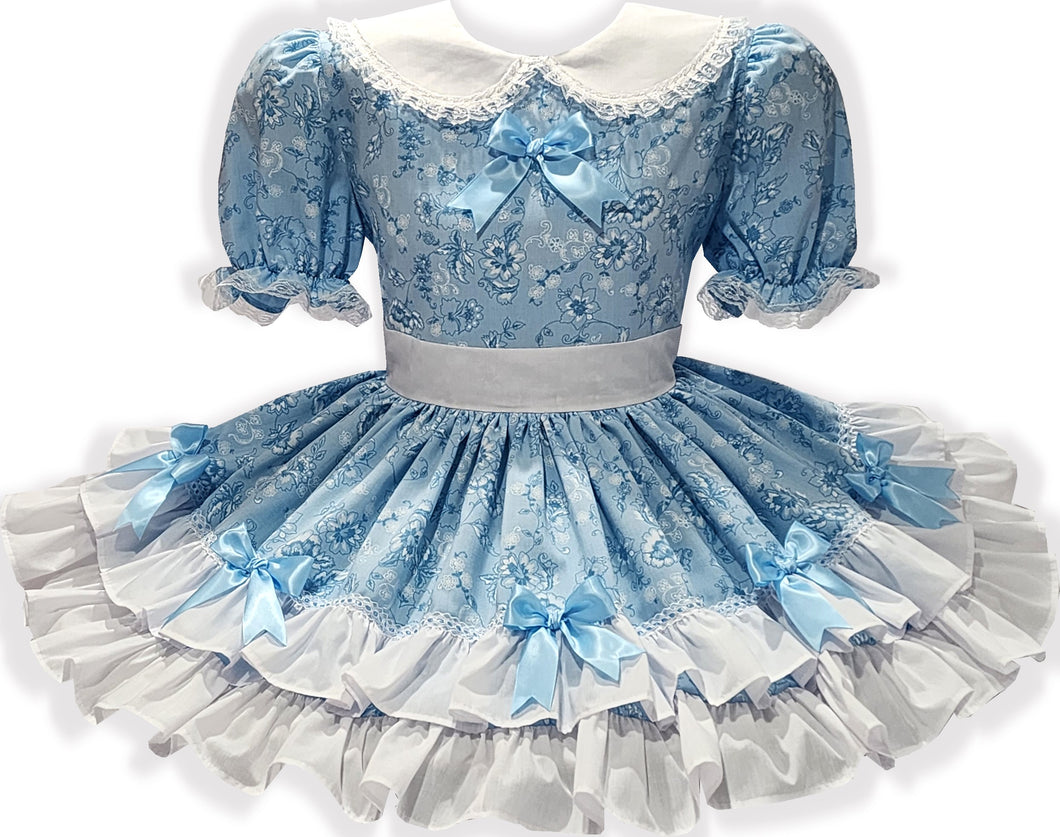 Roberta Custom Fit Blue Floral White Ruffles Bows Adult Sissy LG Dress by Leanne's