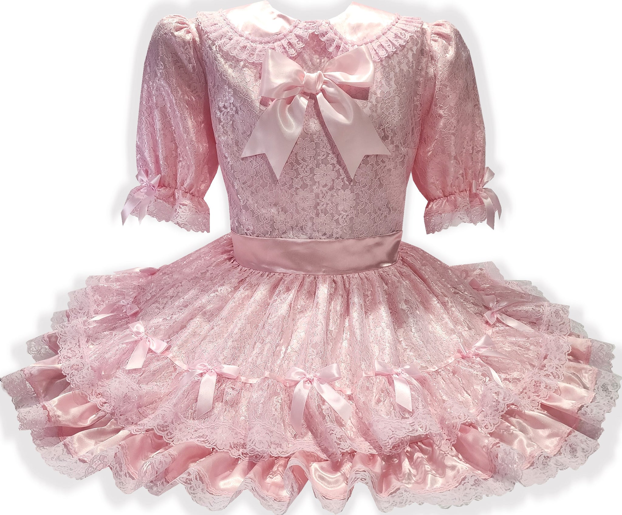 Patricia Custom Fit Pink Satin Lace Bows Adult Sissy LG Dress By Leann patricia-custom-fit-pink-satin-lace-bows-adult-sissy-lg-dress-by-leann