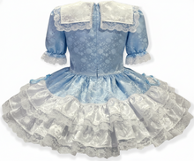Charlotte Custom Fit Blue & White Satin Brocade Roses Adult Sissy Dress by Leanne's