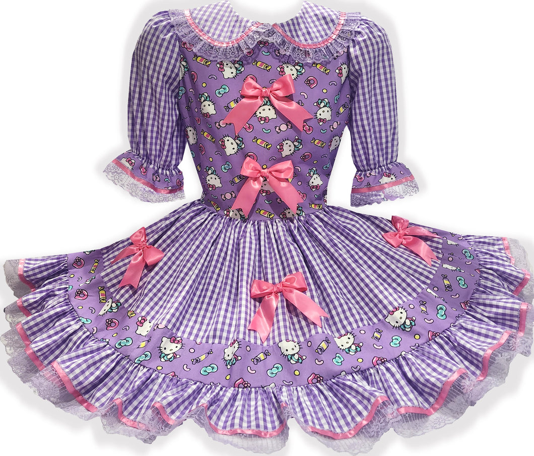 Custom Fit Lavender Gingham Hello Kitty Pink Bows Adult Sissy Dress by Leanne's