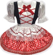 Loretta Custom Fit Red Satin Polka Dots White Apron Adult Sissy Dress