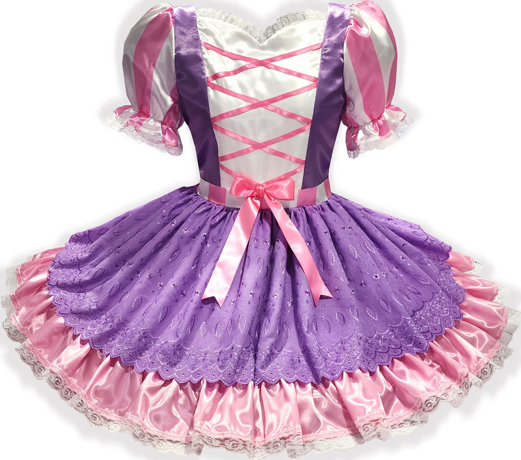Adult sissy dress with purple and pink stripes on a white background