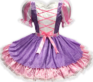 Adult sissy dress with purple and pink stripes on a white background