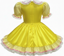 Custom Fit Yellow Satin Gingham Goldilocks Teddy Bears Pink Bows Adult Sissy Dress