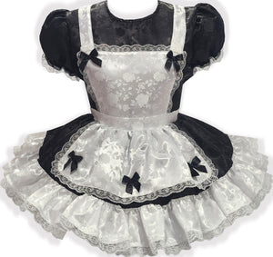 Lori Custom Fit Black & White Satin Roses Bows Adult Sissy French Maid Dress