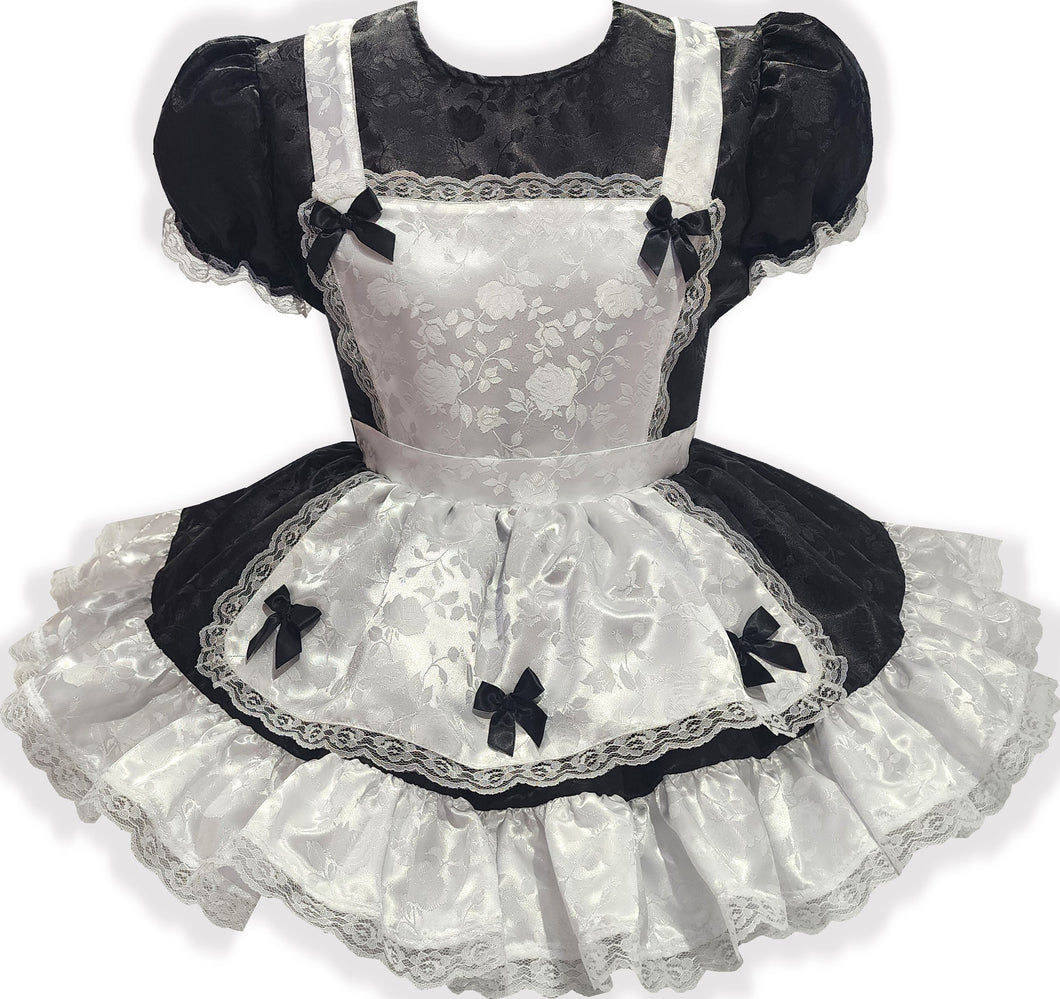 Lori Custom Fit Black & White Satin Roses Bows Adult Sissy French Maid Dress
