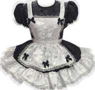 Lori Custom Fit Black & White Satin Roses Bows Adult Sissy French Maid Dress