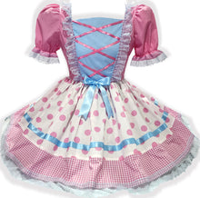 Adult Bo Peep dress with pink polka dot pattern with blue lace and ribbon on a white background