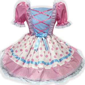 Adult Bo Peep dress with pink polka dot pattern with blue lace and ribbon on a white background