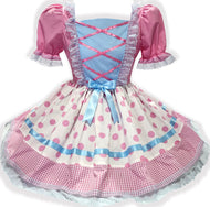 Adult Bo Peep dress with pink polka dot pattern with blue lace and ribbon on a white background
