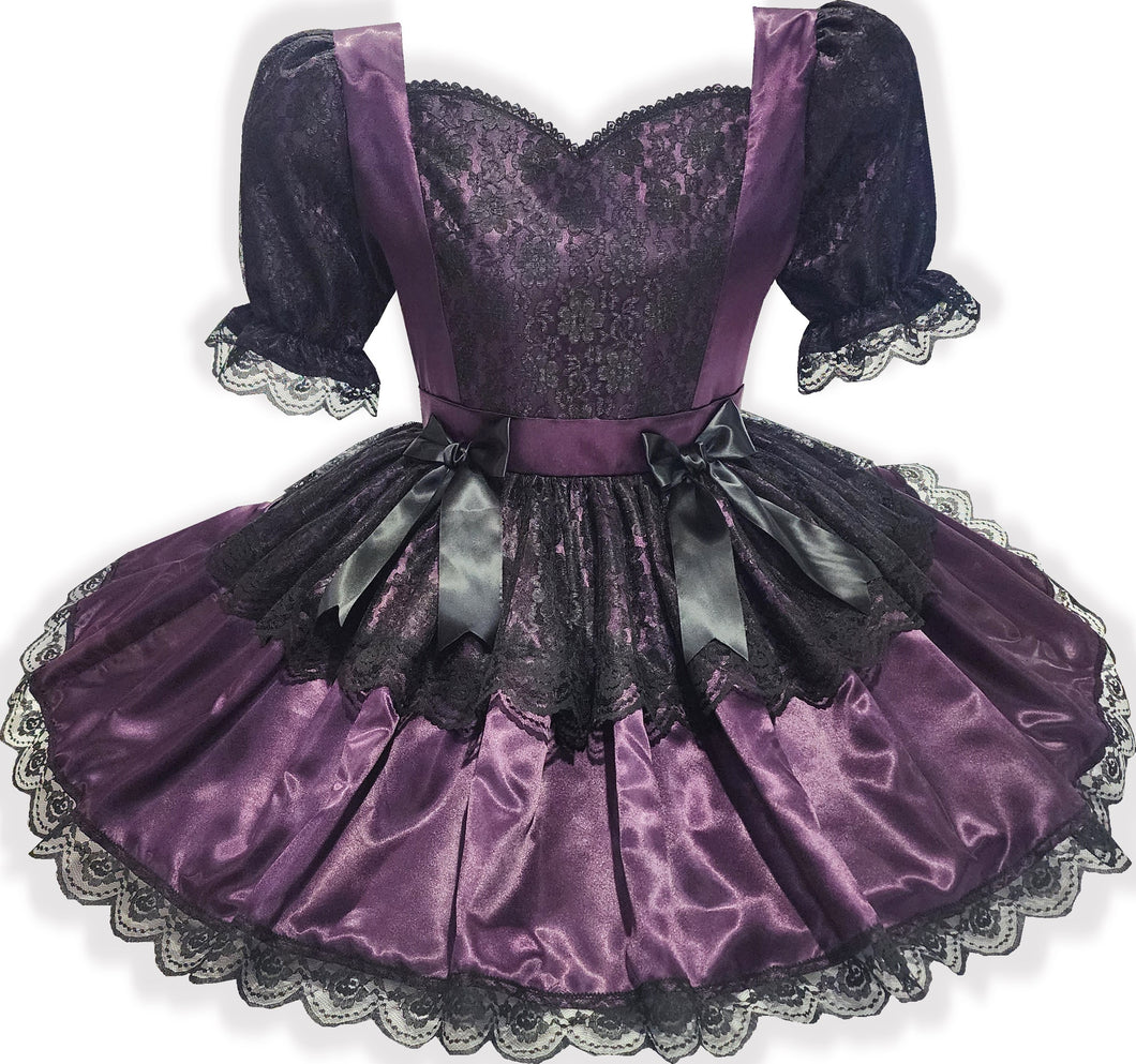 Shauna Custom Fit Purple Satin Black Lace Bows Adult Sissy Dress