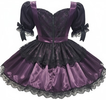 Shauna Custom Fit Purple Satin Black Lace Bows Adult Sissy Dress