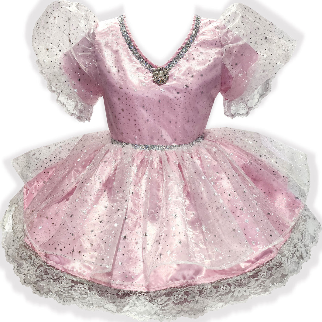 Pink princess dress with silver stars on a white background