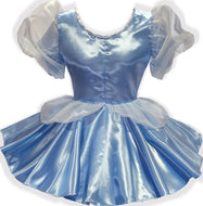 Blue satin Cinderella dress with puffed sleeves on a white background
