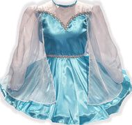 Blue satin Elsa dress with sheer sleeves on a white background
