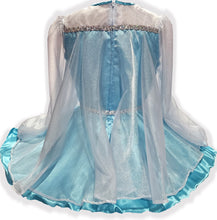 Blue princess dress with a white cape on a white background