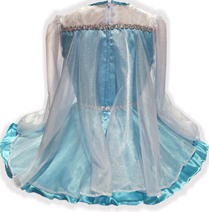 Blue princess dress with a white cape on a white background