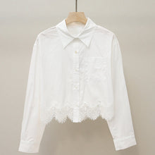 White Lace Hem Long Sleeve Button Front Sissy Blouse
