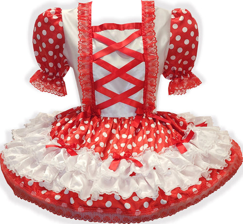 Ruby Custom Fit Red White Satin Polka Dots Adult Sissy Dress by Leanne's