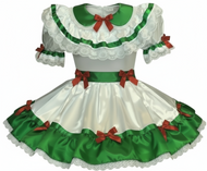 Green and white dress with red bows on a white background