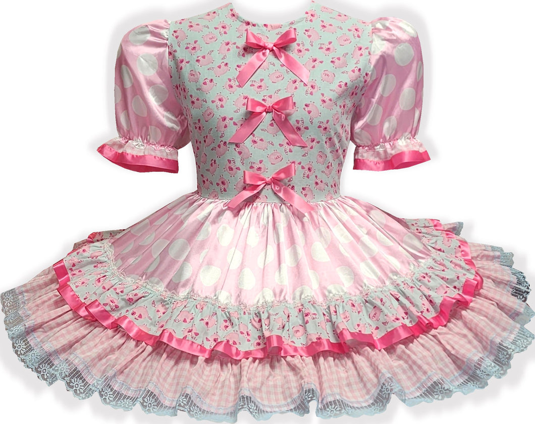 Ready to Wear Pink Satin Pigs Polka Dots Bows Adult Sissy Dress by Leanne's