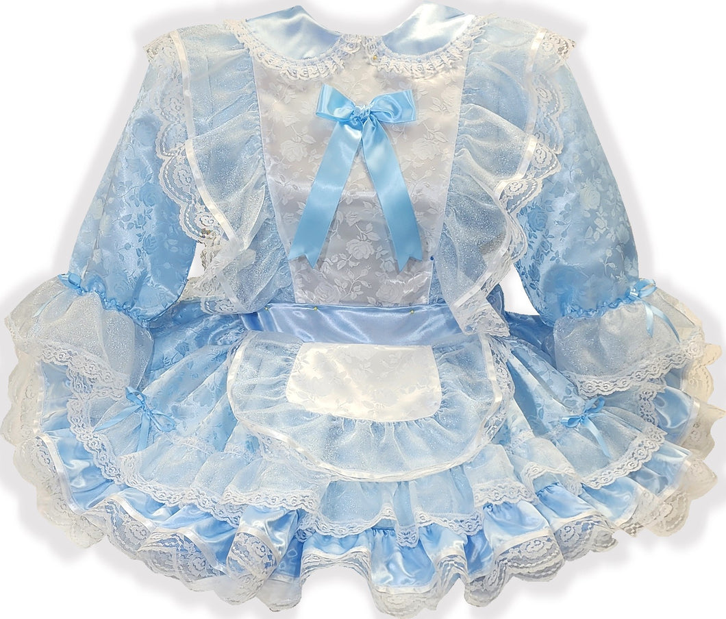 Jacia Custom Fit Blue Brocade Sparkle Ruffles Adult Sissy Dress by Leanne's