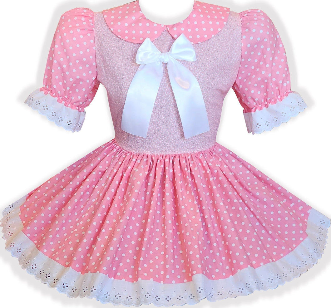 Tessa Custom Fit Pink Polka Dots Eyelet Lace Bow Adult Sissy Dress by Leanne's