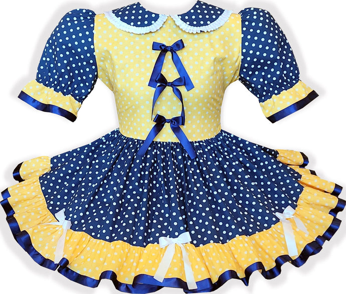 Ready to Wear Yellow Navy White Polka Dots Bows Adult Sissy Dress by Leanne's