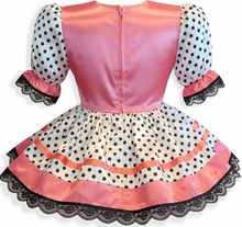 Sally Custom Fit Coral Pink Polka Dots Black Bows Adult Sissy Dress by Leanne's