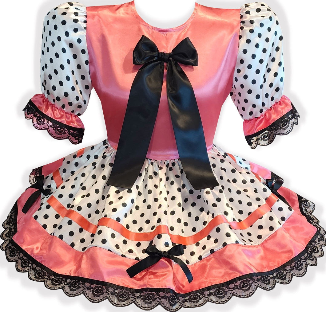 Sally Custom Fit Coral Pink Polka Dots Black Bows Adult Sissy Dress by Leanne's