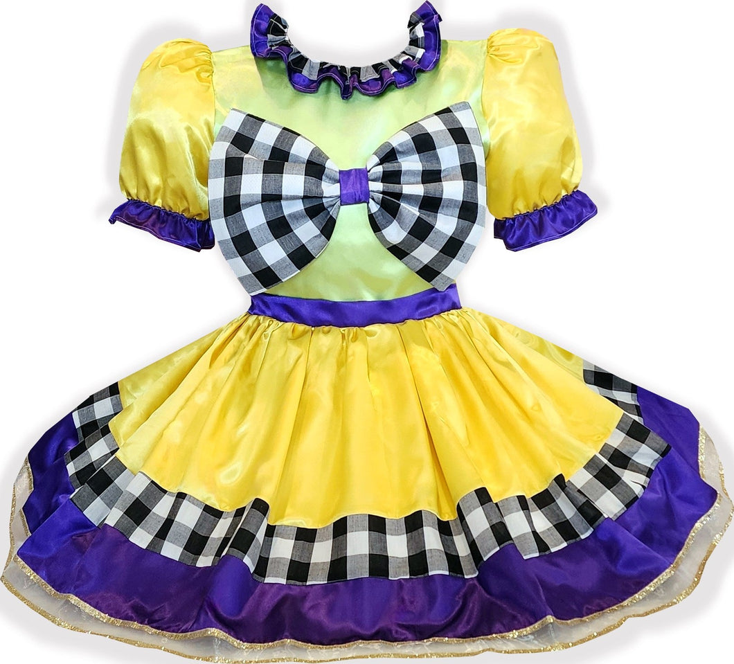 Aspen Custom Fit Yellow Satin Big Gingham Bow Adult Sissy Dress by Leanne's