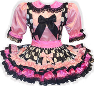 Debbie Custom Fit Pink Black White Satin Polka Dots Adult Sissy Dress by Leanne's